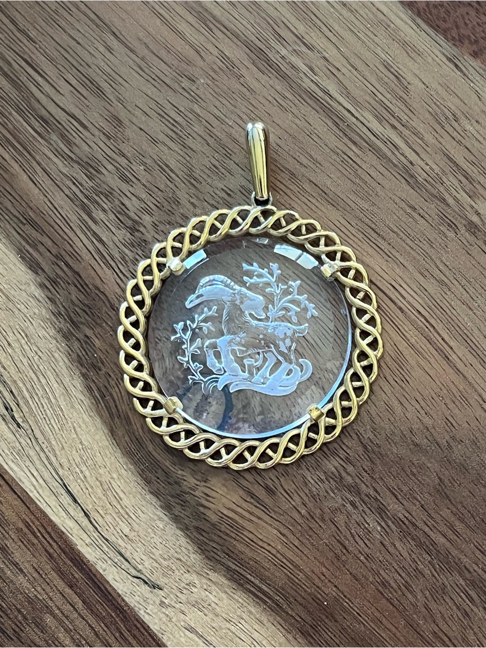 Vintage 1970's Crown Trifari Gold-Tone Etched Glass Capricorn Zodiac Pendant